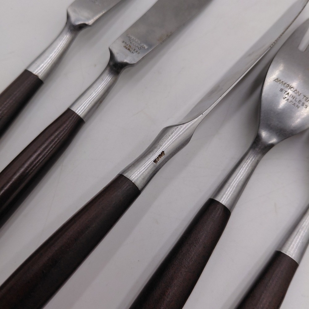 AMERICAN TEMPO 12 Mid Century Modern Stainless Flatware Faux Wood Japan MCM - Picture 9 of 10